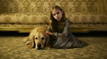 un niña y un dorado perdiguero perro en un alfombra foto