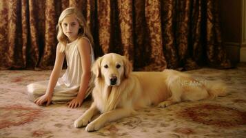 a girl and a golden retriever dog on a carpet photo