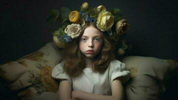 a girl with a flower on her head sits on a pillow photo