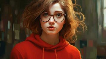 a girl with glasses and a red sweater photo