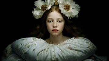 a girl with a flower on her head sits on a pillow photo