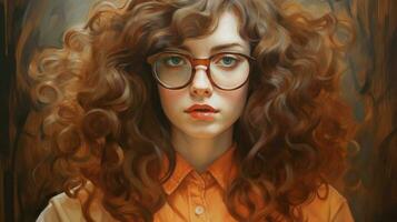 a girl with long curly hair and glasses photo