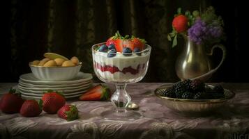 a glass of strawberry parfait with a bowl of fruit photo