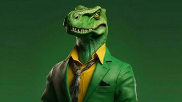 un verde dinosaurio con un verde camisa y un verde foto