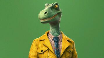 un verde dinosaurio con un verde camisa y un verde foto