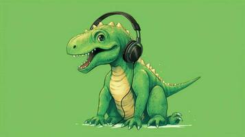 a green dinosaur with headphones and a green shirt photo