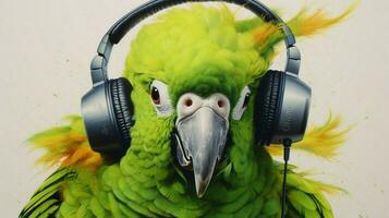 a green parrot with a green headphone in his head photo