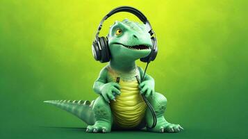 a green dinosaur with headphones and a green shirt photo