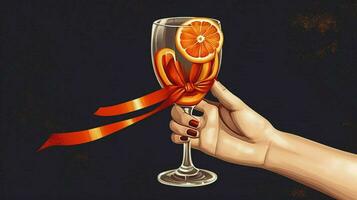 a hand holding a wine glass with a red ribbon photo