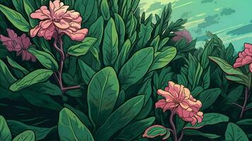 a green plant with pink flowers on it photo