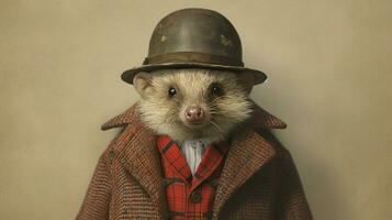 a hedgehog with a jacket and hat photo