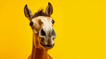 a horse with a funny face is on a yellow backgroud photo