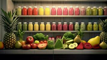 a juice bar featuring fresh vegetable and fruit photo