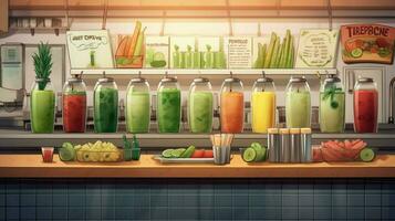 a juice bar featuring fresh vegetable and fruit photo