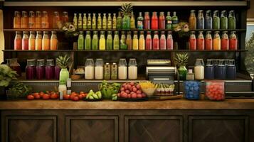 a juice bar featuring fresh vegetable and fruit photo