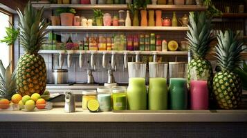 a juice bar featuring fresh vegetable and fruit photo