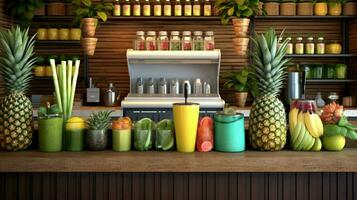 un jugo bar presentando Fresco vegetal y Fruta foto