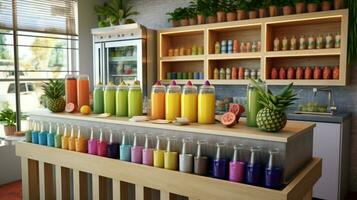 a juice bar featuring fresh vegetable and fruit photo