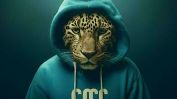 a leopard wearing a blue hoodie with the word cc photo