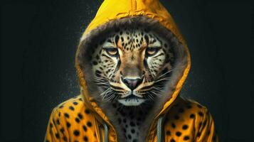 a leopard with a hoodie and a hoodie photo