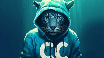 a leopard wearing a blue hoodie with the word cc photo