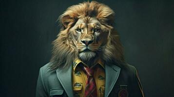 a lion with a jacket and glasses photo