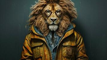 un león con un chaqueta y lentes foto