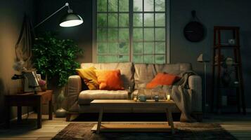 a living room with a sofa and a table with a lamp photo