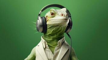 a lizard with headphones and a shirt photo