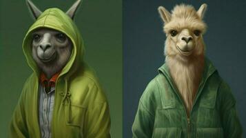 un llama en un verde chaqueta y verde capucha foto