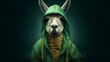 a llama in a green jacket and green hoodie photo