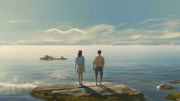 a man and a girl are looking at the sea photo