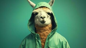 un llama en un verde chaqueta y verde capucha foto