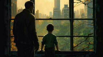 a man and child looking out a window photo