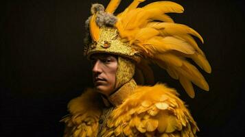 a man in a bird costume with a yellow feathered h photo