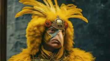 a man in a bird costume with a yellow feathered h photo