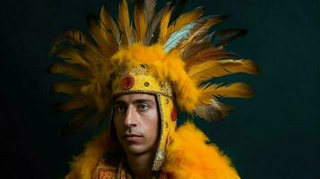 a man in a bird costume with a yellow feathered h photo