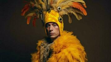 a man in a bird costume with a yellow feathered h photo