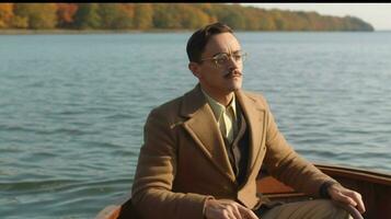 a man in a boat wearing glasses and a brown jacke photo