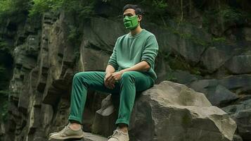 a man in a green shirt with a mask on his face si photo