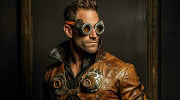 a man in a steampunk style jacket and glasses wit photo