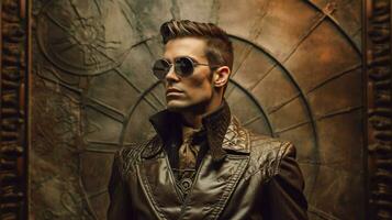 a man in a steampunk style jacket and glasses wit photo