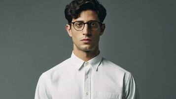 un hombre en un blanco camisa con lentes y un camisa t foto