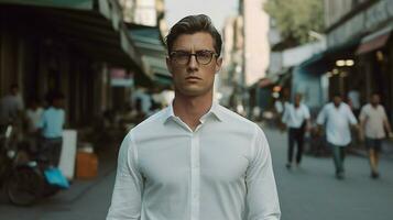 un hombre en un blanco camisa con lentes soportes en un s foto