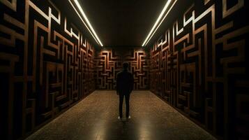 a man stands in a dark hallway with a maze on the photo