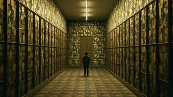 a man stands in a dark hallway with many rows of photo