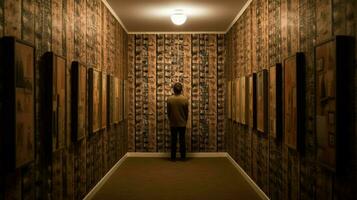 a man stands in a dark hallway with many rows of photo