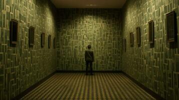 a man stands in a dark hallway with many rows of photo