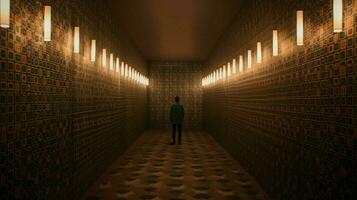 a man stands in a dark hallway with many rows of photo