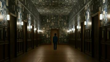 a man stands in a dark hallway with many rows of photo